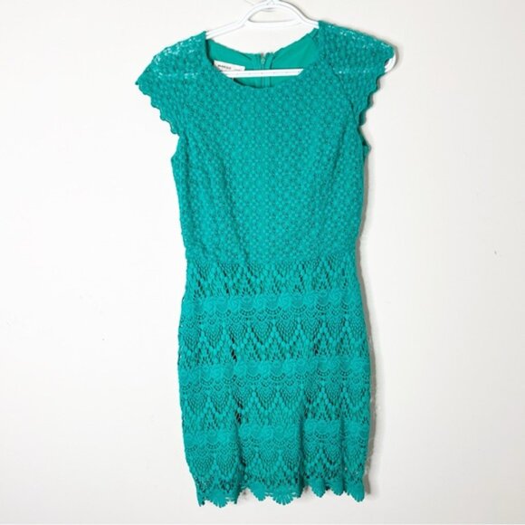 MANGO Lace Mini Dress Teal Green Cap Sleeve XS Work wear Business Casual Office - Picture 2 of 16